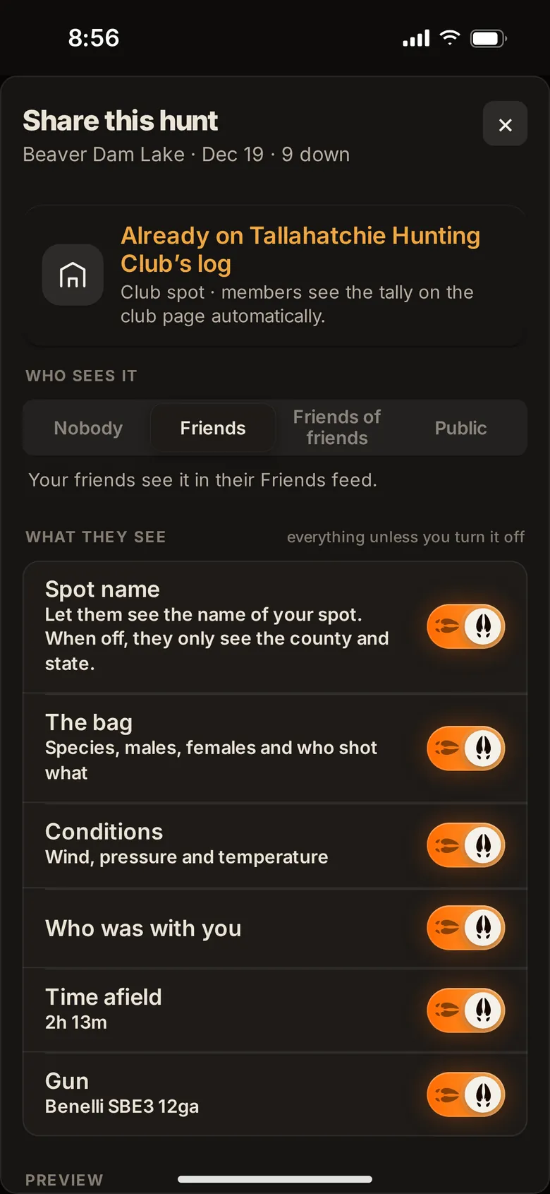Share sheet: Friends picked, with switches for the spot name, the bag, conditions and more